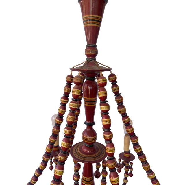 1950's Turkish Hand-Carved Wooden 6-Arm Chandelier Beaded & Hand-Painted For Sale In Los Angeles - Image 6 of 6