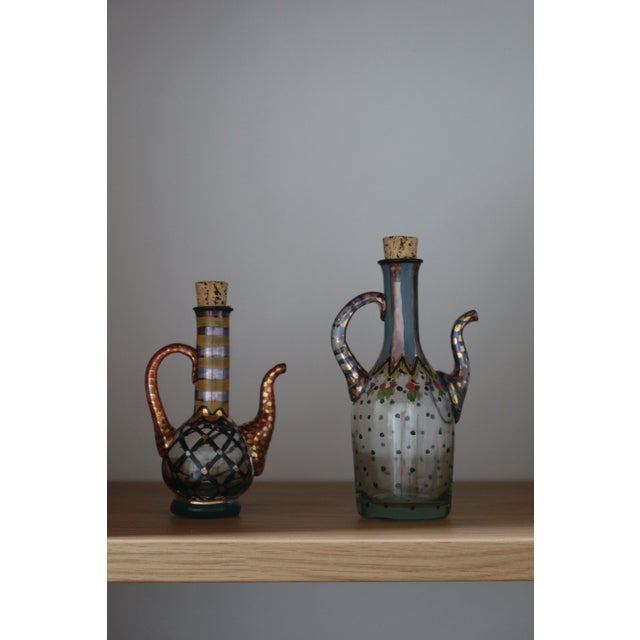 1990s Pair of Victoria & Richard MacKenzie-Childs Hand-Painted Glass Cruets, 1991 For Sale - Image 5 of 5