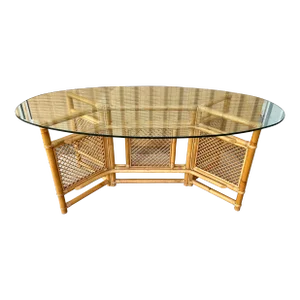 Vintage Coastal Style Oval Glass Top Rattan Dining Table.