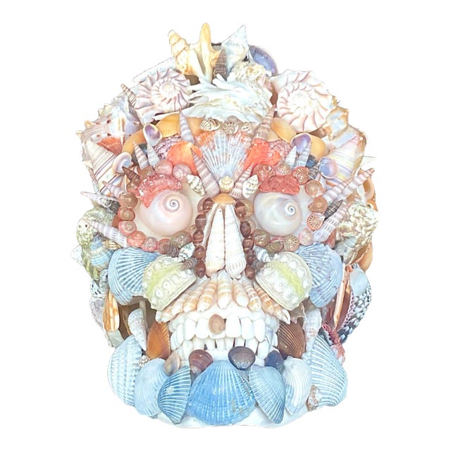 Vintage Boho Shell Encrusted Skull Signed For Sale