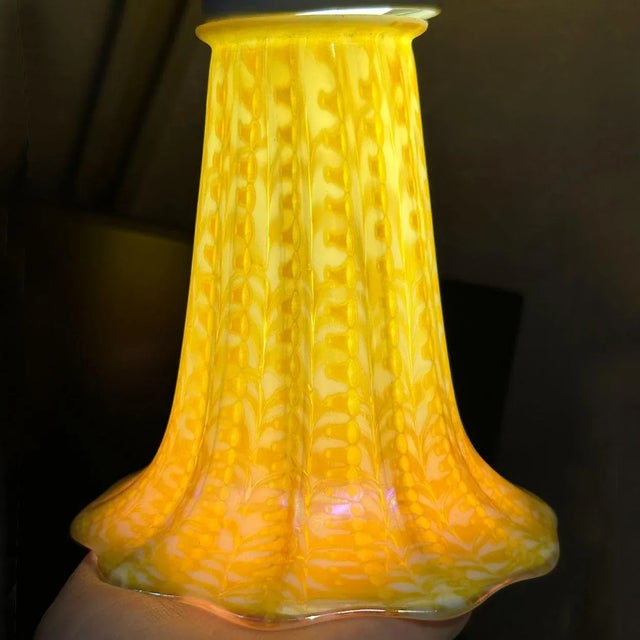 DETAILS Antique art glass lamp shade with allover gold zipper pattern. Trumpet shape with gold on white and a white...