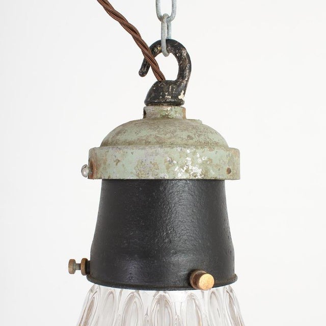 Glass Antique Reclaimed Glass Pendant Light from Holophane, 1950s For Sale - Image 7 of 9