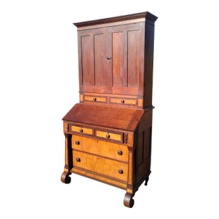 1850s Antique 2 Piece Cherry Curly Maple Slant Front Secretary Desk With Bookcase Top For Sale