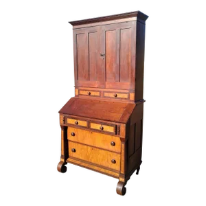 Antique 2 Piece Cherry Curly Maple Slant Front Secretary Desk with Bookcase Top, 1850s