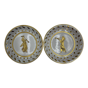 Zaccagnini Italian Gilt Majolica Plates – Classical Figures, Mid-20th Century - Set of 2 With Easels