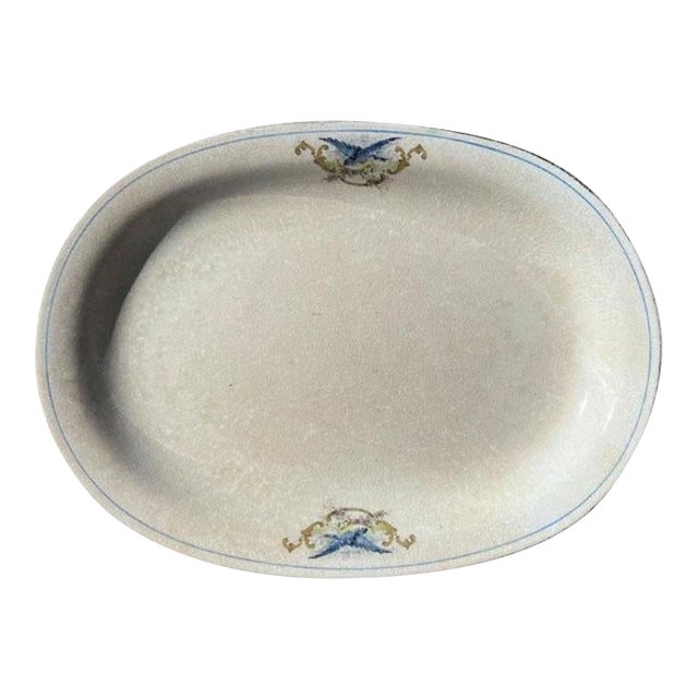 Oval Ceramic Bluebird Chinaware Serving Platter in Cream With Gold Trim - 1920s For Sale
