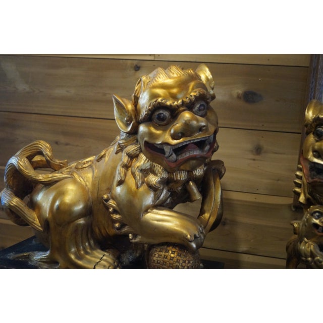 Japanese Large Pair of 1940s Japanese Carved Wood Foo Dogs For Sale - Image 3 of 11
