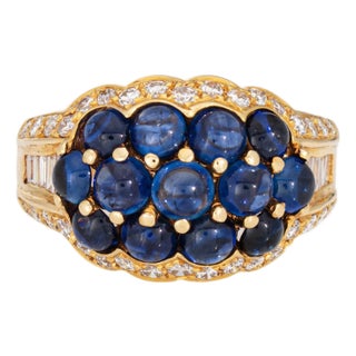 Mid 20th Century Cabochon Sapphire Diamond Ring Sz 6.75 18k Yellow Gold Fine Vintage Jewelry For Sale