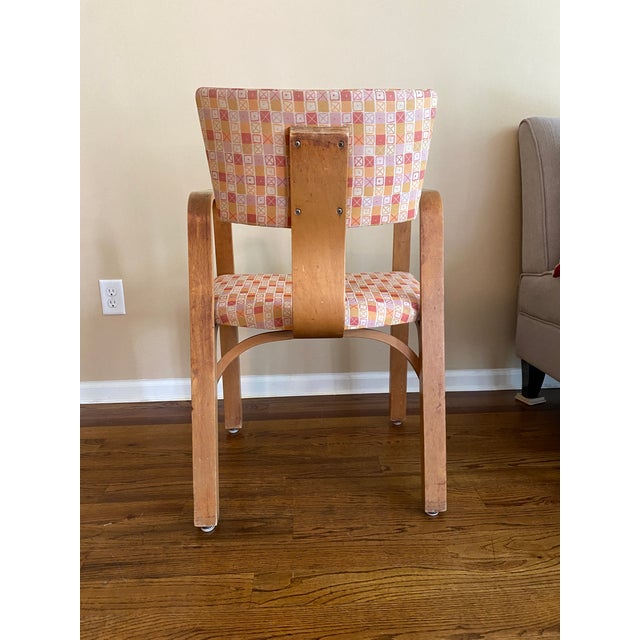 Wood Joe Atkinson Designed Thonet Industries Arm Chairs Upholstered in Eames Crosspatch For Sale - Image 7 of 12