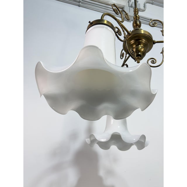 Metal Three-Light Liberty Style Pendant Light in Opal Glass, 1960 For Sale - Image 7 of 18
