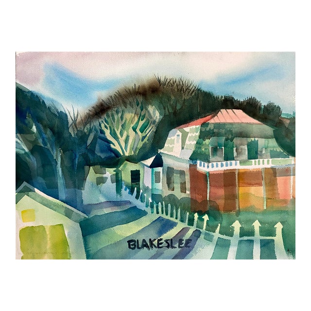 1960s Tina Blakeslee Houses in Modern Landscape Watercolor For Sale