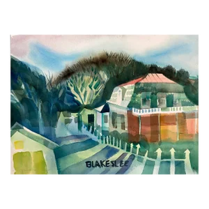 1960s Tina Blakeslee Houses in Modern Landscape Watercolor