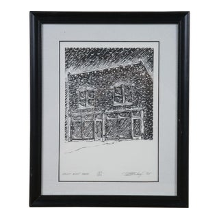 1995 Tom Schorgl Wright Night Snow Brothers Bicycle Shop Woodblock Print, Framed For Sale