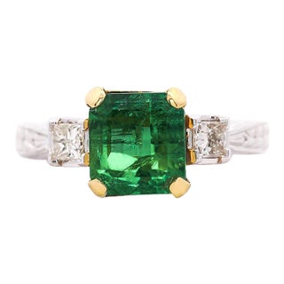 3.38 Carat Colombian Emerald & Diamond Filigree Three Stone Ring, Size 8 For Sale