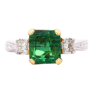 3.38 Carat Colombian Emerald & Diamond Filigree Three Stone Ring, Size 8