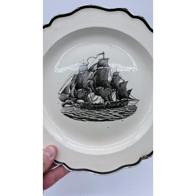 Ceramic A Very Nice Antique English Liverpool Creamware Plate With Black Transfer Ship, Circa 1780's For Sale - Image 7 of 14