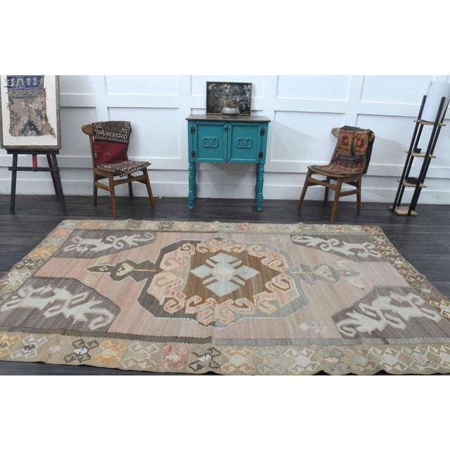 1970s Vintage Handmade Wool Cotton Brown Kilim Area Rug For Sale - Image 10 of 11
