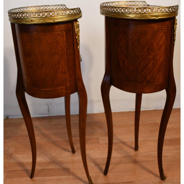 1880 Antique French Louis XV Walnut Inlaid Marble Top Nightstands Bedside Tables For Sale - Image 10 of 16