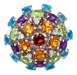Multicolor Gemstones Dome 14k White Diamond Gold Ring