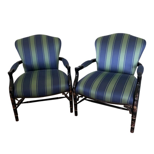 Ralph Lauren Home Lacquered Chinoiserie Upholstered Armchairs - Set of 2 For Sale
