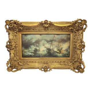 Early 20th Century Antique Framed Higgins & Bowers British Naval Maritime Battle Scene Print For Sale