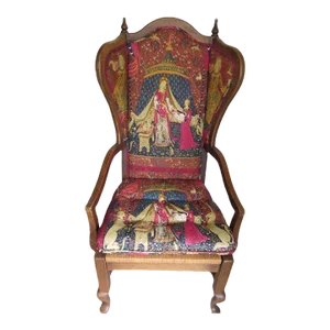 Mon Seul Desir French Tapestry Wingback Arm Chair Vintage Wood Frame Straw Seat With Cushion and 2 Pillows