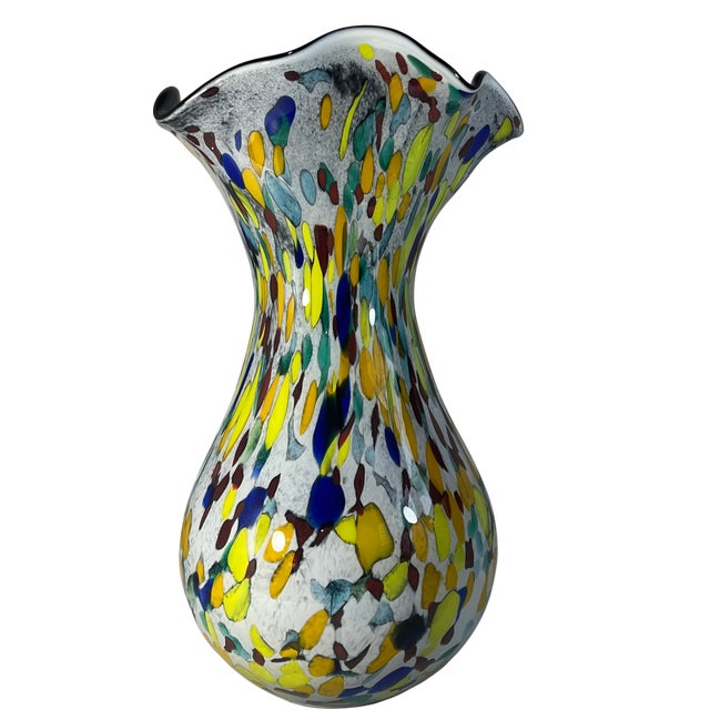 15+ In. Tall Bulbous Multicolor Ruffled Art Glass Confetti Multicolor Vase For Sale - Image 9 of 18