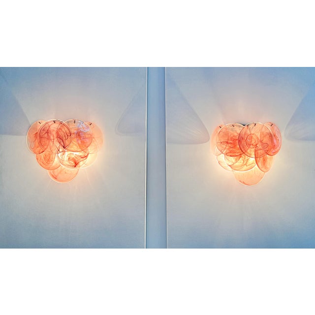 Glass Wall Sconces with 10 Iridescent Alabaster Pink Discs, 1990s, Set of 2 For Sale - Image 10 of 16