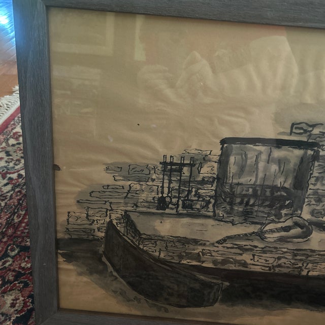Mid 20th Century MCM 1940s Wpa Charcoal & Ink Interiors Painting /Framed For Sale - Image 5 of 7