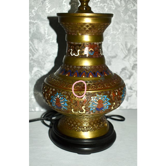Vintage (1940's) Table Lamp has a Japanese Style. Champleve - Enamel in a Multi-Colored Finish. The Lamp is Corded-...