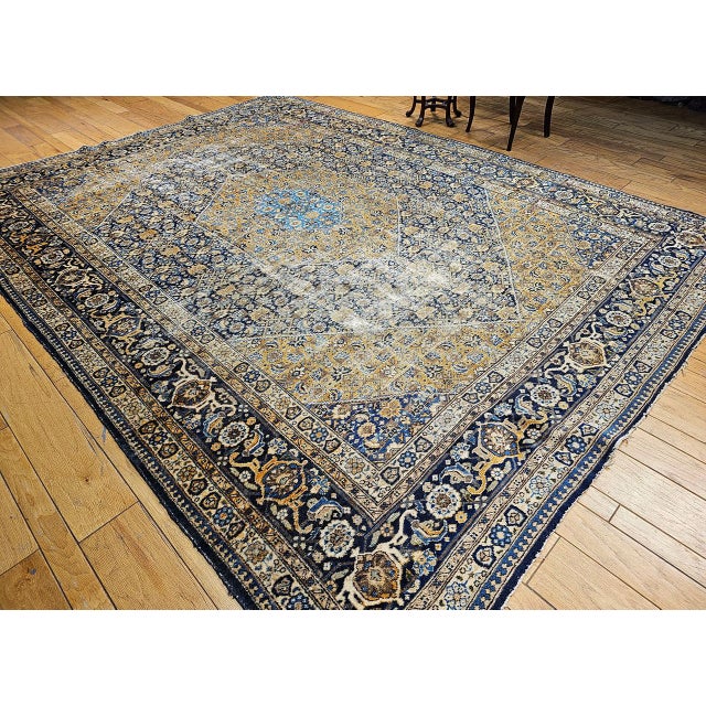 Persian Vintage Persian Tabriz Rug, Hand-Knotted Wool, Herati Geometric Pattern, Navy & Camel, 10x13 For Sale - Image 3 of 13