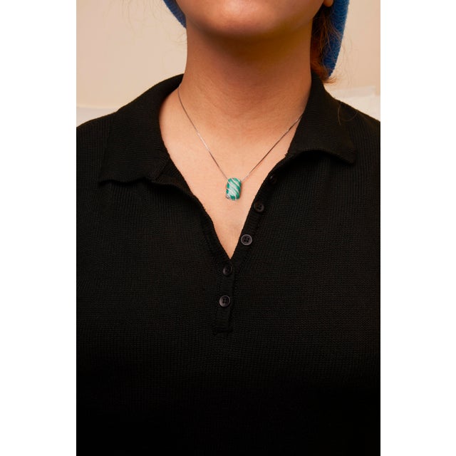 Early 21st Century .925 Sterling Silver Turquoise Enamel and 1/2 Cttw Diamond Block 18" Pendant Necklace (F-G Color, VS For Sale - Image 5 of 6