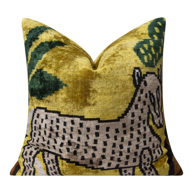 Handmade Silk Velvet Animal Motif Throw Pillow, Vibrant Yellow With Green and Beige Design, Down Feather Insert For Sale