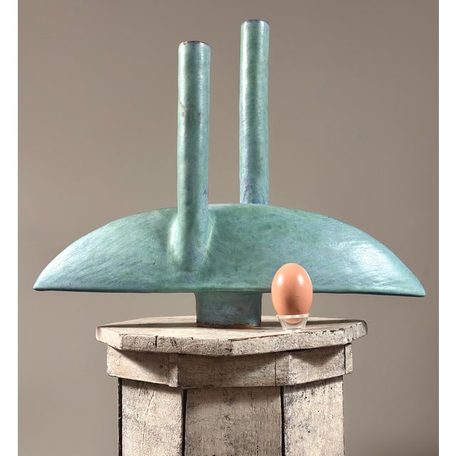 Ceramic Vintage Japanese Modernist Turquoise Double Stem Ikebana Ceramic Vessel, Signed For Sale - Image 7 of 11