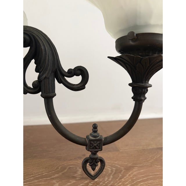 1920s Spanish Revival Cast Metal Three-Light Chandelier With Frosted Glass Shades For Sale - Image 4 of 6