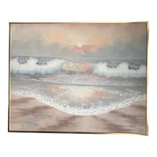 Vintage Postmodern 1970 Large Canvas Oil Ocean Painting Wall Art Pink Signed Nicol For Sale