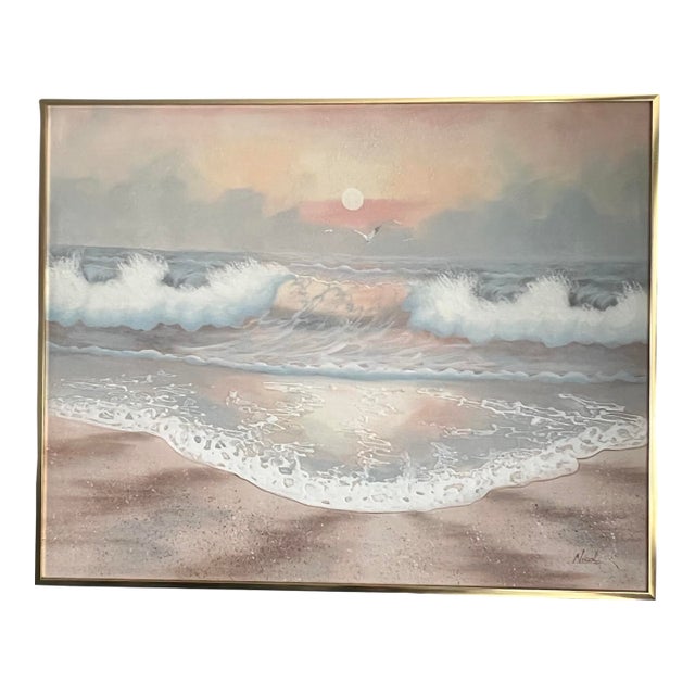 Vintage Postmodern 1970 Large Canvas Oil Ocean Painting Wall Art Pink Signed Nicol For Sale