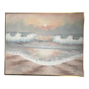 Vintage Postmodern 1970 Large Canvas Oil Ocean Painting Wall Art Pink Signed Nicol