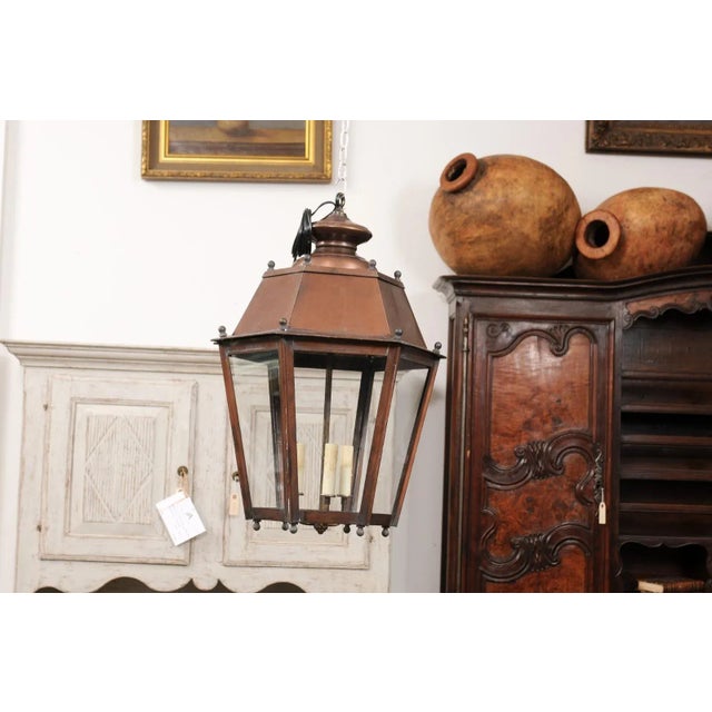 French Copper Three-Light Hexagonal Lanterns with Glass Panels, US Wired - A Pair For Sale - Image 11 of 12