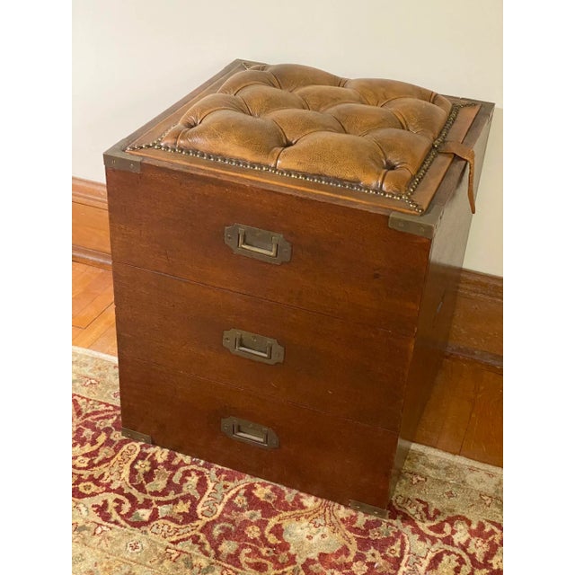 Unique English Antique Campaign Trunk/storage Chest with button & Tufted lift off leather top. Made from mahogany wood and...