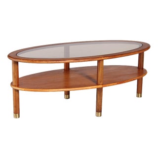 Mid-Century Oval Teak 2-Tier Coffee Table with Smoked Glass Top and Brass Feet from G-Plan, 1970s For Sale