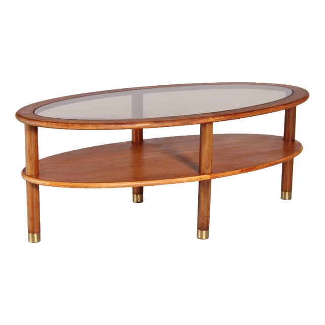 Mid-Century Oval Teak 2-Tier Coffee Table with Smoked Glass Top and Brass Feet from G-Plan, 1970s For Sale
