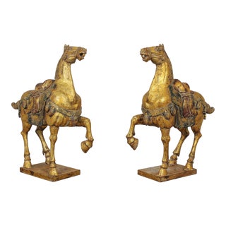 Pair Gold Gilt Carved Wood Horse Sculptures For Sale