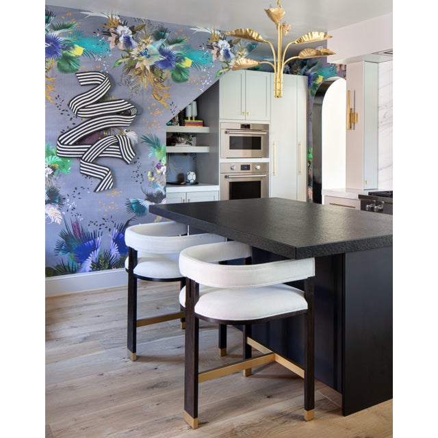 Contemporary Matthew Izzo Home Cruise Espresso and White Linen Barrel Back Counter Stool With Brass Ferrele For Sale - Image 3 of 5