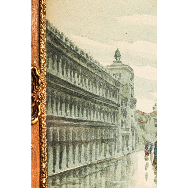 Grand Tour Lovely Venetian Scene Watercolor Antique Painting St. Marks Basilica Square Venice Italy Ornate Frame Art European Grand Tour Wall Decor For Sale - Image 3 of 13