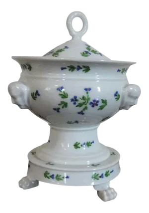 19th Century French Empire Old Paris Porcelain Sprig Cornflower Urn Form Sauce Tureen & Cover