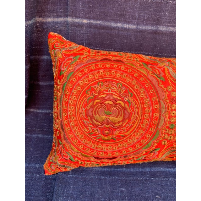 A custom boudoir pillow made from a vintage colorfully embroidered silk Asian textile fragment with moths and flowers. New...