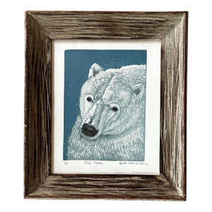 Vintage Hand Colored Woodcut of a Polar Bear in Vintage Frame