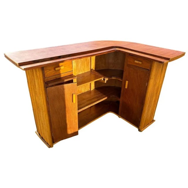 1940s Restored Stacked Rattan & Mahogany L-Shaped Corner Bar For Sale - Image 5 of 7