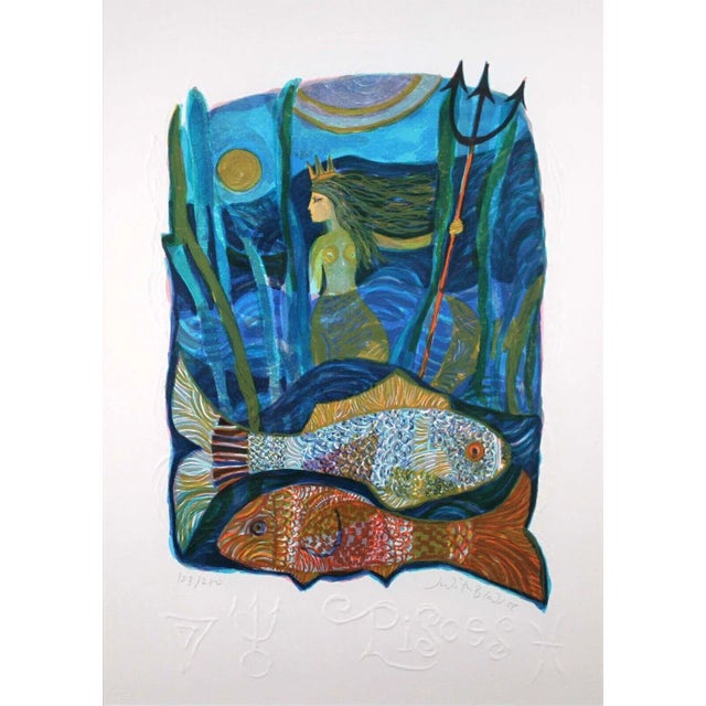 Judith Bledsoe Pisces Zodiac Hand Signed Contemporary Lithograph 108/250 Framed For Sale - Image 4 of 11